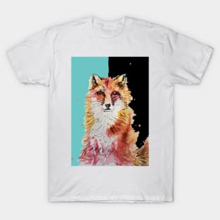 Fox Watercolor Painting on Black and Aqua T-Shirt